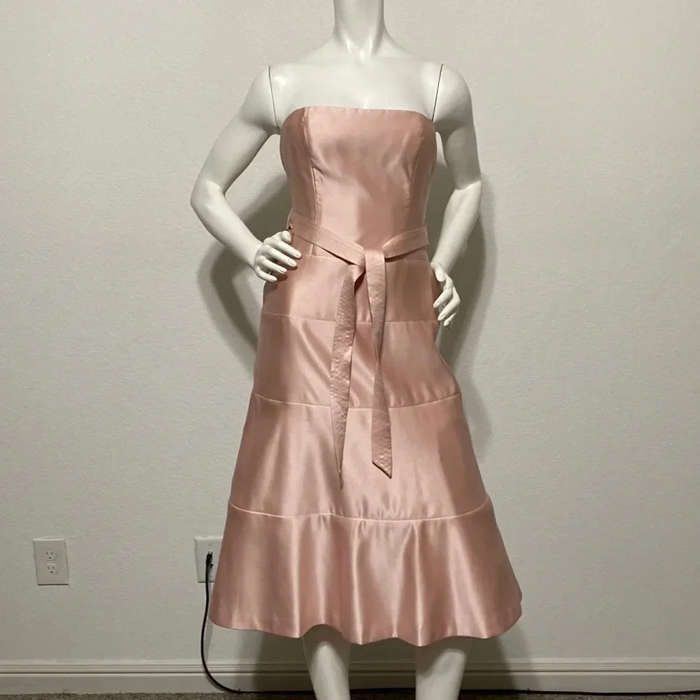 BCBGMaxAzria Pink Satin Strapless Belted Midi Dress Size 2